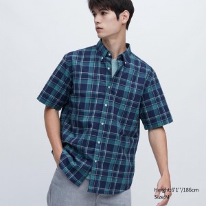 Chemises Uniqlo Extra Fine Cotton Short-sleeve Homme Bleu | 7450838