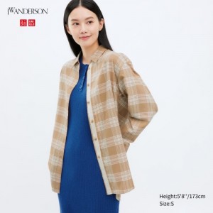 Chemises Uniqlo Flannel Checked Long-Sleeve Long Femme Beige | 3749833