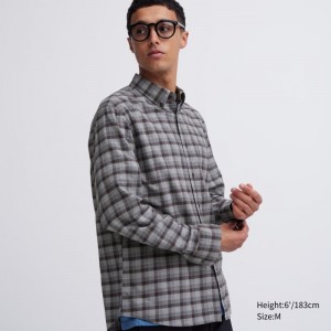 Chemises Uniqlo Flannel Checked Long Sleeve Homme Grise | 1771247