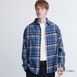 Chemises Uniqlo Flannel Checked Long-sleeve Homme Bleu | 4508868