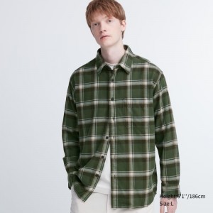 Chemises Uniqlo Flannel Checked Long-sleeve Homme Vert Olive | 4052050