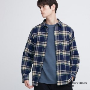 Chemises Uniqlo Flannel Checked Long-sleeve Homme Bleu | 6480048