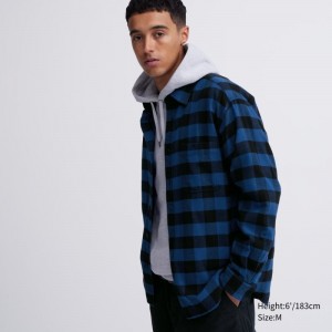 Chemises Uniqlo Flannel Checked Long-sleeve Homme Bleu | 6683939