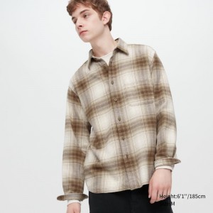 Chemises Uniqlo Flannel Checked Long-sleeve Homme Beige | 3144814