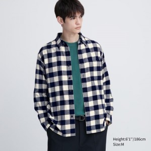 Chemises Uniqlo Flannel Checked Long-sleeve Homme Blanche | 9348687