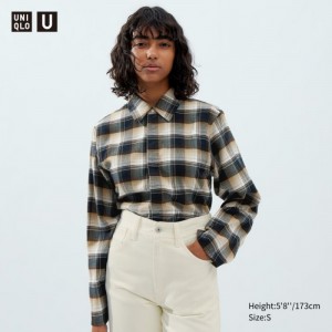Chemises Uniqlo Flannel Long-Sleeve Femme Beige | 3143828