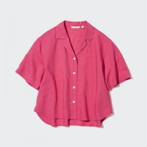 Chemises Uniqlo Linen Blend Open Collar Short-Sleeve Femme Rose | 579458