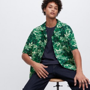 Chemises Uniqlo Open Collar Short-sleeve Homme Vert | 1499067