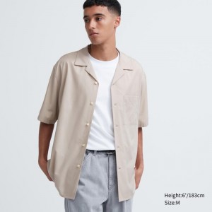 Chemises Uniqlo Open Collar Short-sleeve Homme Beige | 2875613