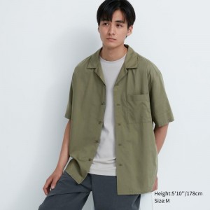 Chemises Uniqlo Open Collar Short-sleeve Homme Vert Olive | 9390904