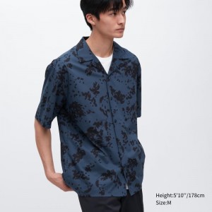 Chemises Uniqlo Open Collar Short-sleeve Homme Bleu | 9117083