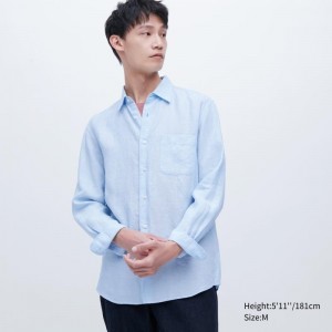 Chemises Uniqlo Premium Linen Long-sleeve Homme Bleu | 7279771