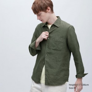Chemises Uniqlo Premium Linen Long-sleeve Homme Vert Olive | 6894578
