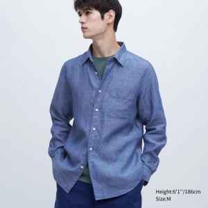 Chemises Uniqlo Premium Linen Long-sleeve Homme Bleu | 6908774