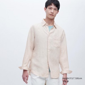 Chemises Uniqlo Premium Linen Long-sleeve Homme Beige | 9170954