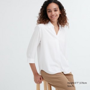 Chemisier Uniqlo Rayon Skipper Collar 3/4-Sleeve Femme Blanche | 4372785