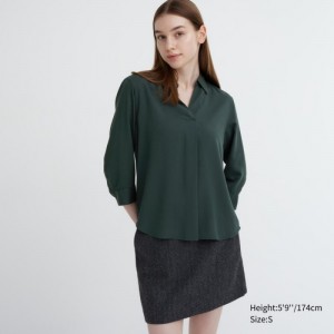 Chemisier Uniqlo Rayon Skipper Collar 3/4-Sleeve Femme Vert | 767232