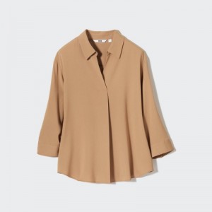 Chemisier Uniqlo Rayon Skipper Collar 3/4-Sleeve Femme Beige | 7228744