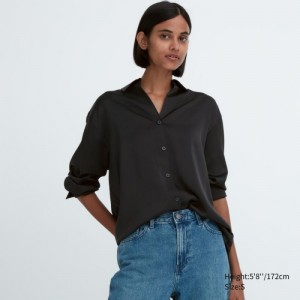 Chemisier Uniqlo Satin Long-Sleeve Femme Noir | 9515410