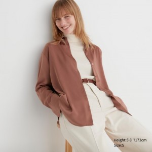 Chemisier Uniqlo Satin Long-Sleeve Femme Marron | 6518774