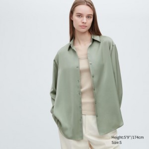 Chemisier Uniqlo Satin Long-Sleeve Femme Vert | 2982185