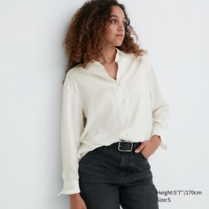 Chemisier Uniqlo Satin Long-Sleeve Femme Blanche | 5444038