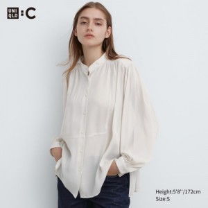 Chemisier Uniqlo Volume Long-Sleeve Femme Blanche | 2266428