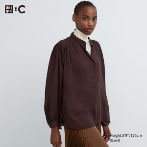 Chemisier Uniqlo Volume Long-Sleeve Femme Marron | 4503833