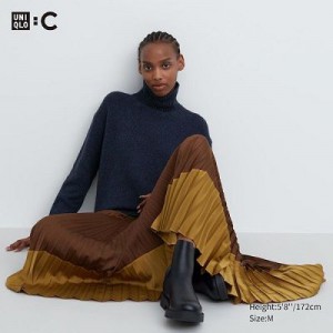 Jupes Uniqlo Pleated Color Block Femme Marron | 9987115
