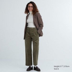 Pantalon Uniqlo Corduroy Wide-Fit Pleated Femme Vert Olive | 9929212