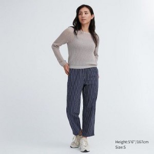 Pantalon Uniqlo Cotton Striped Relaxed Ankle Femme Bleu Marine | 5145674