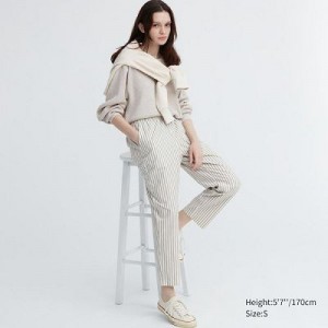 Pantalon Uniqlo Cotton Striped Relaxed Ankle Femme Blanche | 9544031