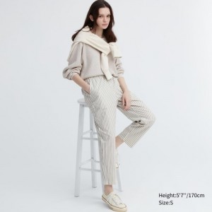 Pantalon Uniqlo Cotton Striped Relaxed Ankle Femme Blanche | 5529419