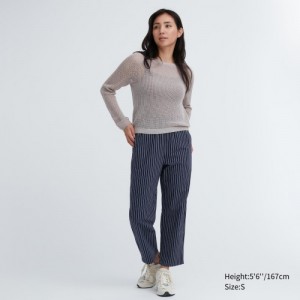 Pantalon Uniqlo Cotton Striped Relaxed Ankle Femme Bleu Marine | 726728