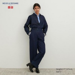 Pantalon Uniqlo Denim Wide-Fit Pleated Femme Bleu Marine | 8083782