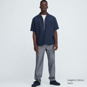 Pantalon Uniqlo Linen Blend Striped Relaxed Fit Homme Bleu | 5732392