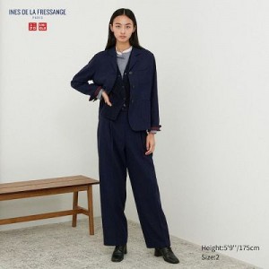 Pantalon Uniqlo Tweed Wide-Fit Pleated Femme Bleu Marine | 9629743