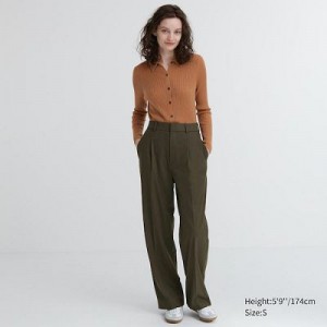 Pantalon Uniqlo Wide-Fit Pleated Femme Vert Olive | 9208871