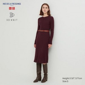 Peignoir Uniqlo 3D Knit Ribbed Crew Neck Long-Sleeve Femme Bordeaux | 4164588