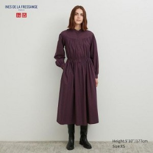 Peignoir Uniqlo Cotton Twill Checked Volume Sleeve Long Femme Marron | 1863897