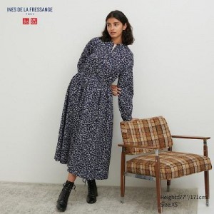 Peignoir Uniqlo Cotton Twill Printed Volume Sleeve Long Femme Bleu | 245011