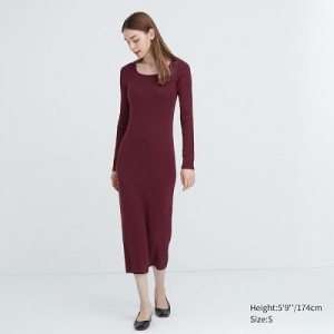 Peignoir Uniqlo Merino Blend Fitted U Neck Long Sleeve Femme Bordeaux | 3895077
