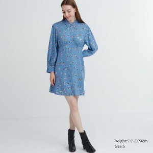Peignoir Uniqlo Printed V-Neck Long-Sleeve Mini Femme Bleu | 7124358