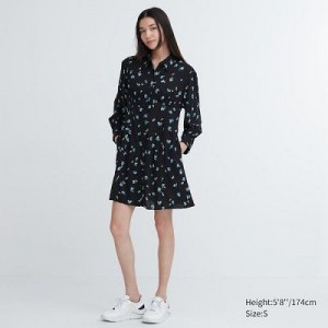 Peignoir Uniqlo Printed V-Neck Long-Sleeve Mini Femme Noir | 2169799