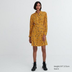 Peignoir Uniqlo Printed V-Neck Long-Sleeve Mini Femme Jaune | 8148665