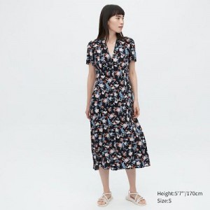 Peignoir Uniqlo Printed V-Neck Short-Sleeve Flare Femme Noir | 8459321