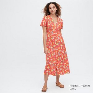 Peignoir Uniqlo Printed V-Neck Short-Sleeve Flare Femme Rouge | 4538727