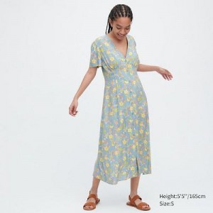 Peignoir Uniqlo Printed V-Neck Short-Sleeve Flare Femme Bleu | 8556290