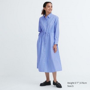 Peignoir Uniqlo Striped Cotton Long-Sleeve Femme Bleu | 348666