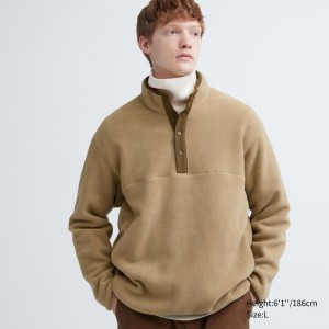 Sweat a Capuche Uniqlo Fleece Button Up Long Sleeve Pullover Homme Beige | 1352219
